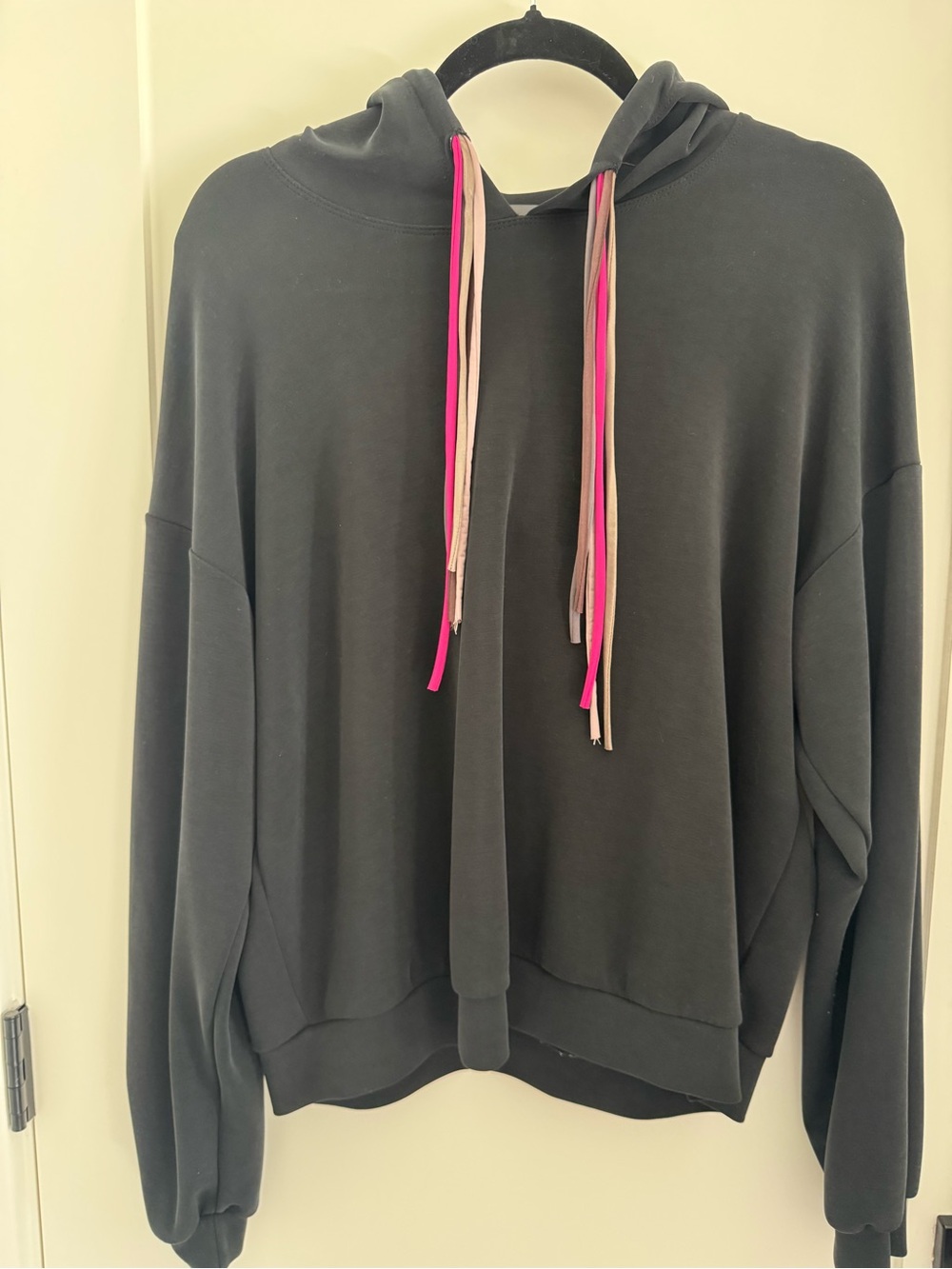 Lanston Sport Black Hoodie Sweater with Pink and Tan Drawstrings